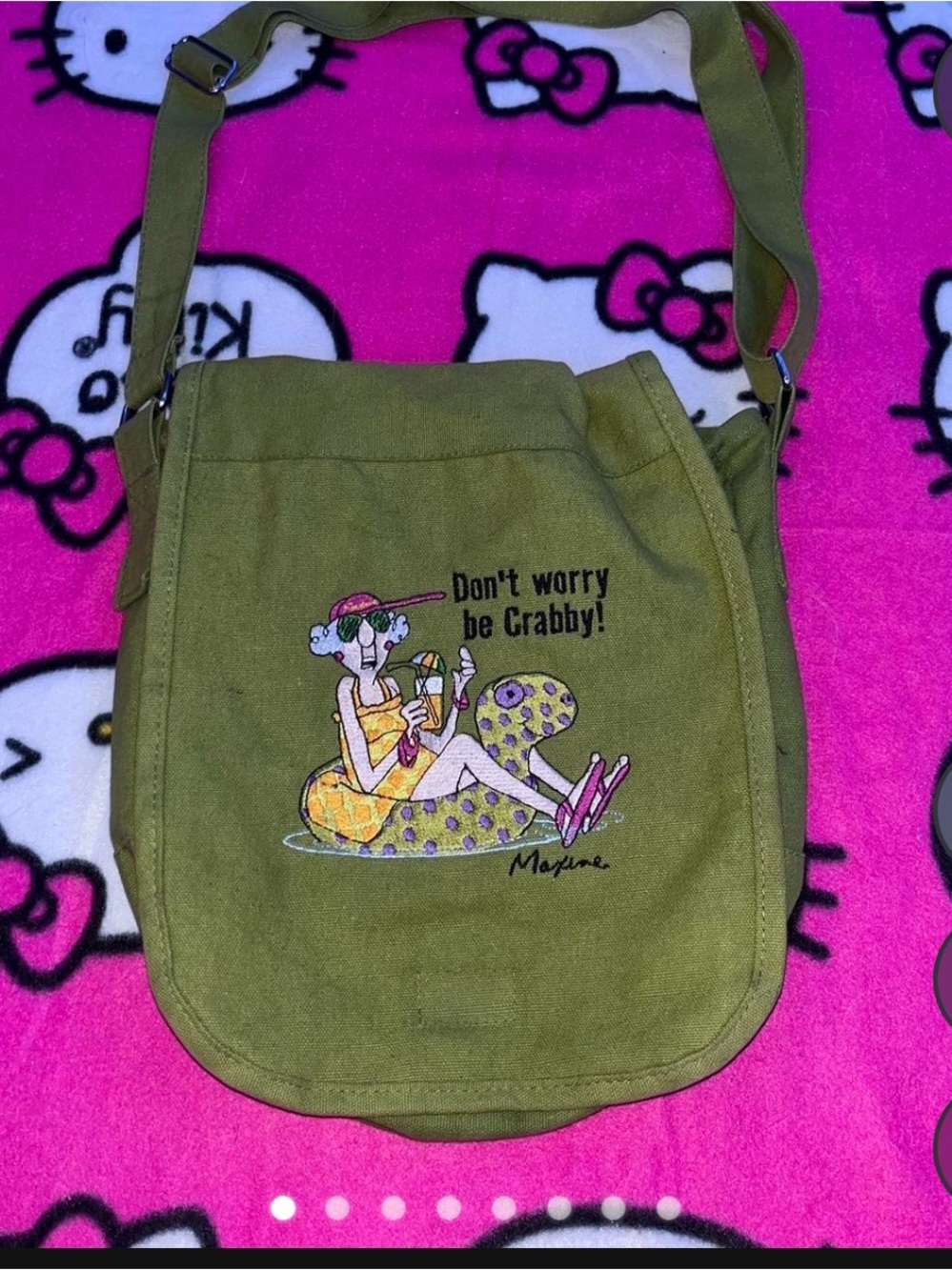 Olive Green Canvas Crossbody Bag with Playful Crab Design